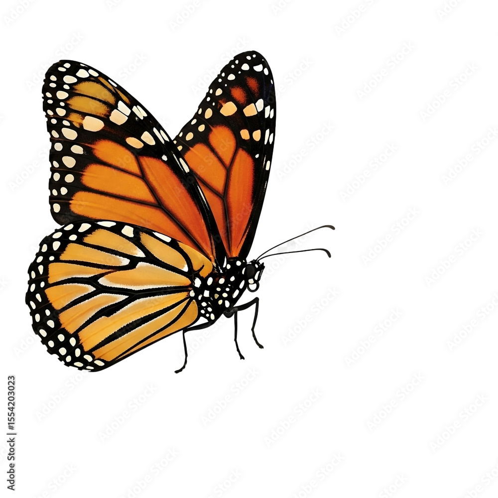 Fototapeta premium A monarch butterfly, positioned in the left-center of the image, is shown with its wings fully opened