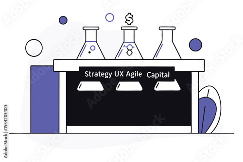 A chemistry lab bench filled with beakers labeled Strategy, UX, Agile, Capital mixing into a glowing product flask