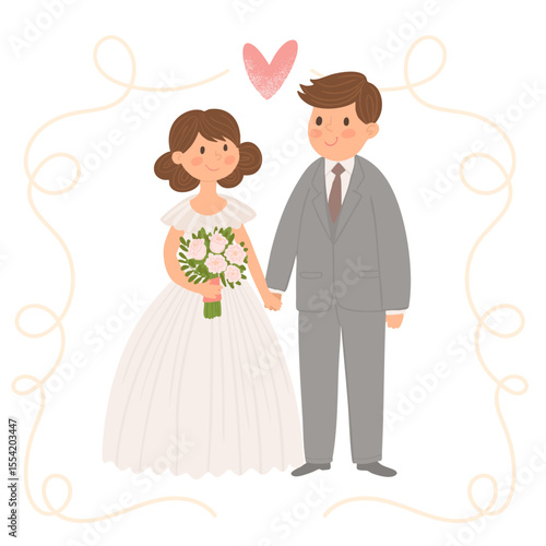 Bride and groom in beautiful outfits. Happy wedding of man and woman.