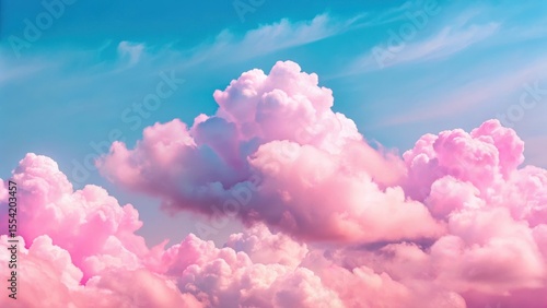 pink cloud filled sky with fluffy clouds floating in front of a blue sky background