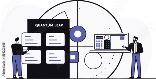 Business team preparing to quantum leap from one level to another via atomic teleportation pad, labeled by milestones