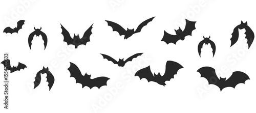 Flying bat silhouette row as Halloween border, divider. Isolated vector element in retro style. Great for frames, corner decor, or holiday banners.