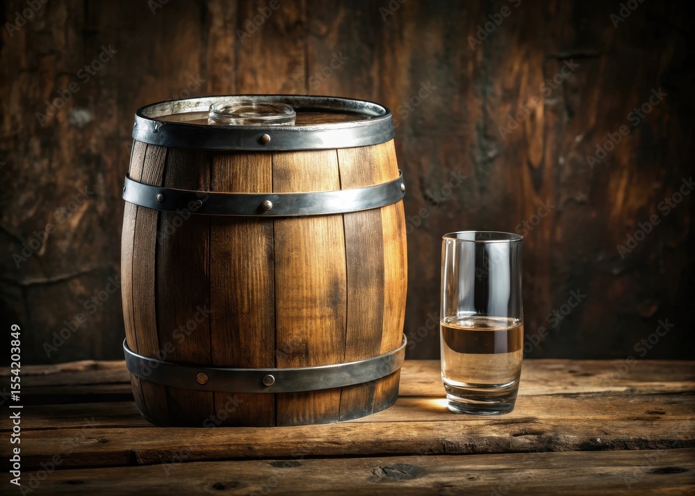 A glass of clear liquid inside a wooden barrel with a metal lid and aged labels on the barrel A glass of clear liquid inside a wooden barrel with a metal lid and aged labels on the barrel