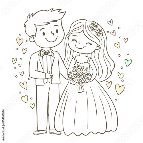 Bride and groom in beautiful outfits. Happy wedding of man and woman.