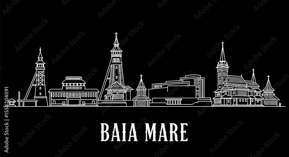 Naklejka premium Baia Mare Skyline Romania Line Art Vector.