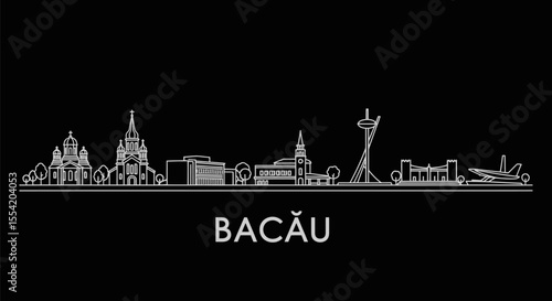 Bacau City Skyline Outline with Romania, and Black Background.