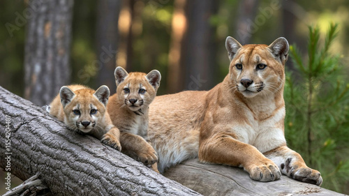 A mother cougar and her two cubs rest on a log