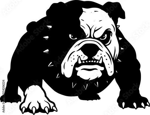 an aggressive bulldog with a threatening expression, black and white vector illustration