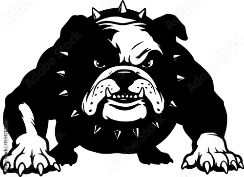 an aggressive bulldog with a threatening expression, black and white vector illustration