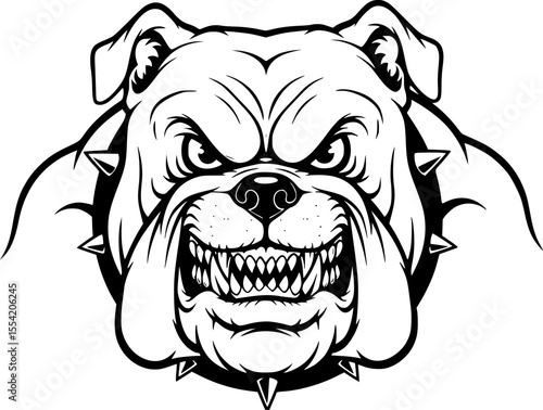 an aggressive bulldog with a threatening expression, black and white vector illustration