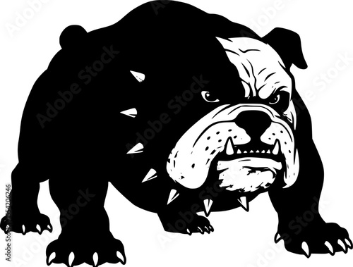 an aggressive bulldog with a threatening expression, black and white vector illustration