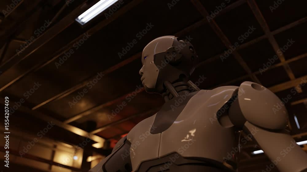 Humanoid robot standing in empty industrial warehouse with warm orange lighting. 3D rendering of artificial intelligence and robotics technology. Future automation and cybernetic system concept Humanoid robot standing in empty industrial warehouse with warm orange lighting. 3D rendering of artificial intelligence and robotics technology. Future automation and cybernetic system concept