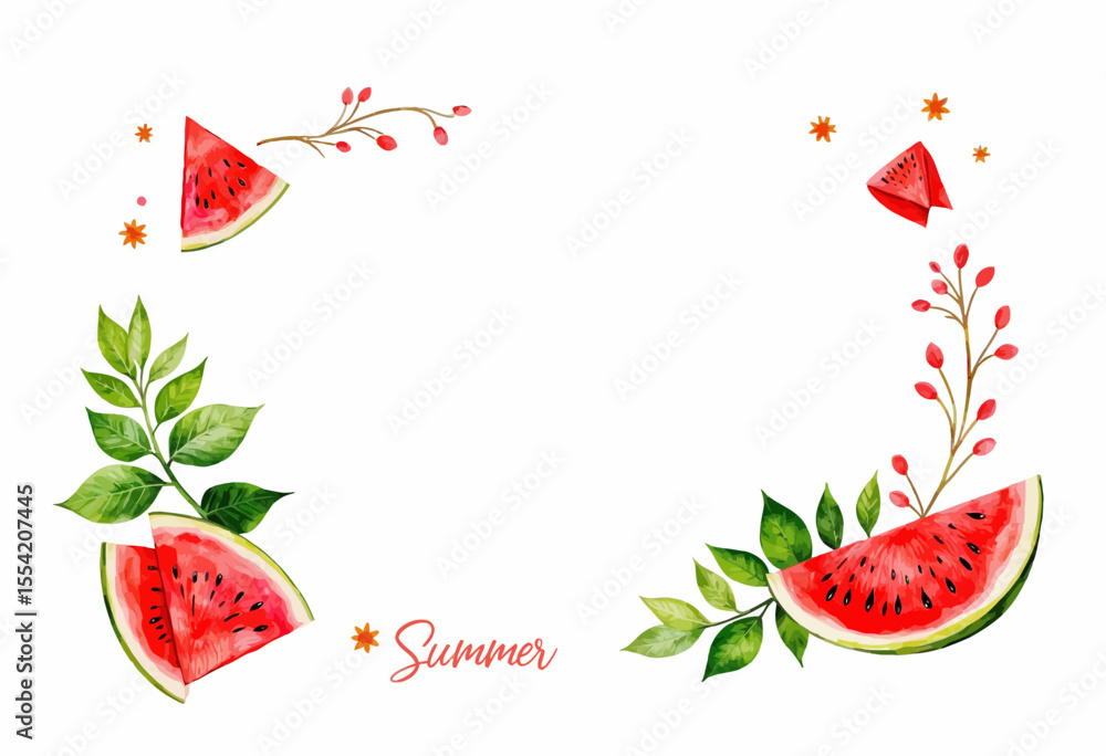 Fototapeta premium Watermelon summer frame with green leaves and floral accents