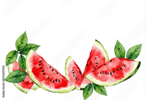 Watermelon slices with leaves in watercolor style on white background  