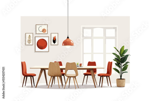 Modern dining room with wooden table and red chairs in minimalist style  