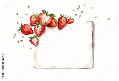 Fresh strawberries with blank frame for food presentation design  