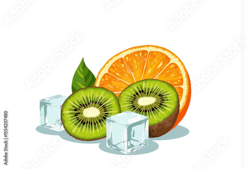 Sliced kiwi and orange with ice cubes and green leaves on white  