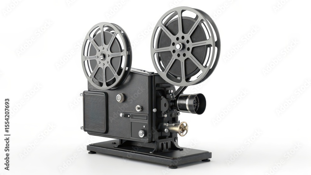 Naklejka premium Classic reel-to-reel film projector with dual reels and metal body, isolated on white, symbolizing retro cinema and filmmaking equipment.