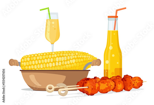 Corn on the cob with drinks and chicken nuggets in bowl  