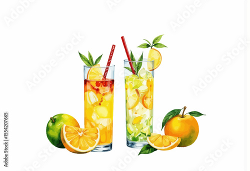 Colorful cocktails with citrus fruits and mint on white background  