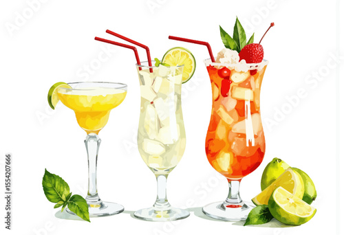 Colorful cocktails with fruits and ice in summer style  