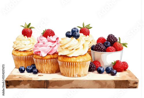 Colorful cupcakes topped with berries on a wooden platter  
