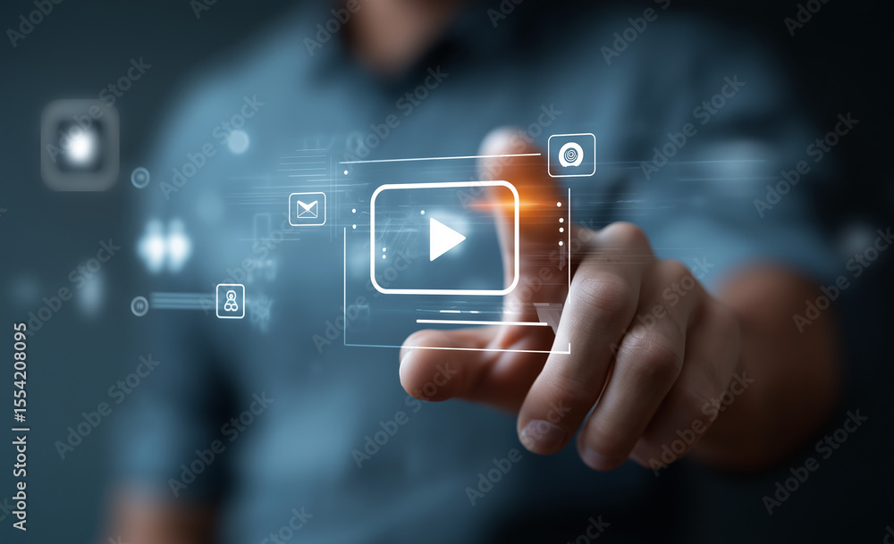 Naklejka premium man using mouse and keyboard for streaming online, watching video on internet, live concert, show or tutorial