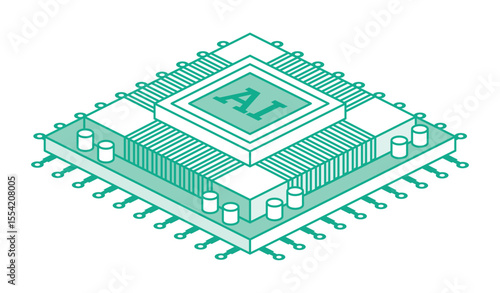 AI CPU microchip. Isometric illustration. Digital processor with circuits and components, symbolizing artificial intelligence and advanced computing technology.