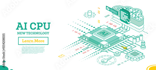 Isometric illustration of AI CPU technology with binary code, cloud storage, and secure data flow. Concept of artificial intelligence, innovation, and digital processing. Illustration.