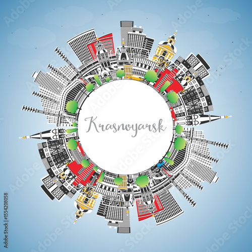 Krasnoyarsk Russia city skyline with color buildings, blue sky and copy space. Krasnoyarsk cityscape with landmarks. Tourism concept with modern and historic architecture.