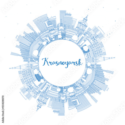 Outline Krasnoyarsk Russia city skyline with blue buildings and copy space. Krasnoyarsk cityscape with landmarks. Tourism concept with modern and historic architecture.