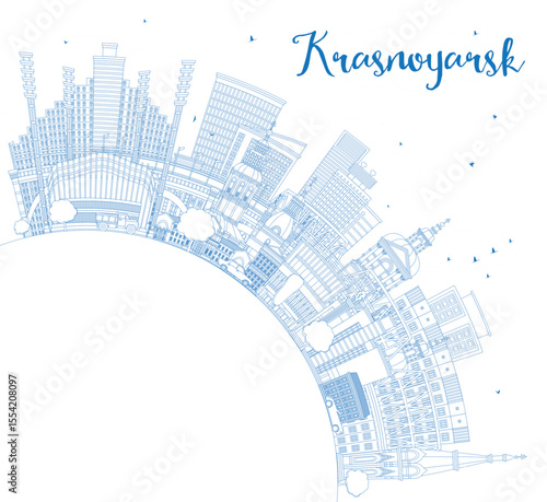 Outline Krasnoyarsk Russia city skyline with blue buildings and copy space. Krasnoyarsk cityscape with landmarks. Tourism concept with modern and historic architecture.