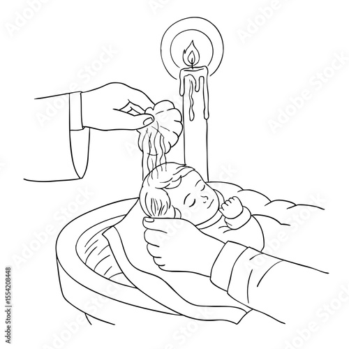 Catholic baptism of baby with water. Ritual of baptism for baby.