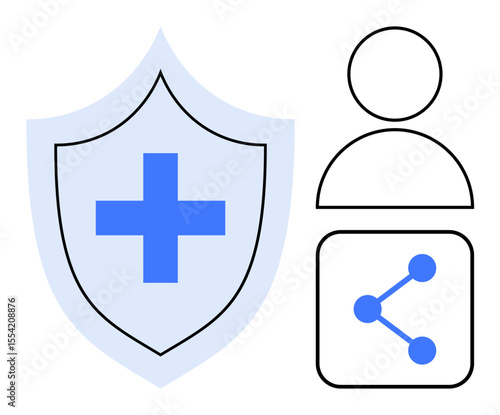 Shield with medical cross, user figure, and network sharing icon highlighting protection, healthcare, and connection. Ideal for health, connectivity, security, teamwork insurance collaboration