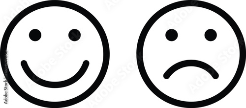 Happy and Sad Face Icon Set – Minimal Black and White Emoticon Pair Representing Opposite Emotions for Mood Graphics, Educational Materials, and Expressive Design Projects