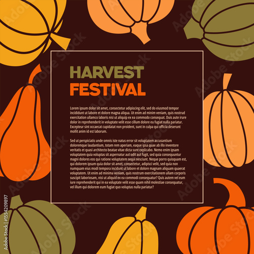 Harvest Festival Template. Autumn Square Banner with Pumpkins. 