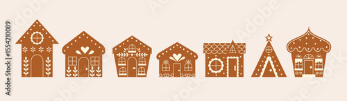 Gingerbread Houses Collection. Christmas and New Year Cookies Set. Festive Homemade Bakery. 