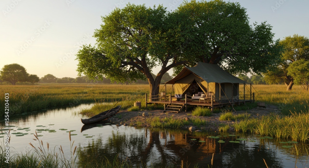 Obraz premium Safari tent by a calm river at sunrise, serene wildlife retreat, luxury glamping in nature