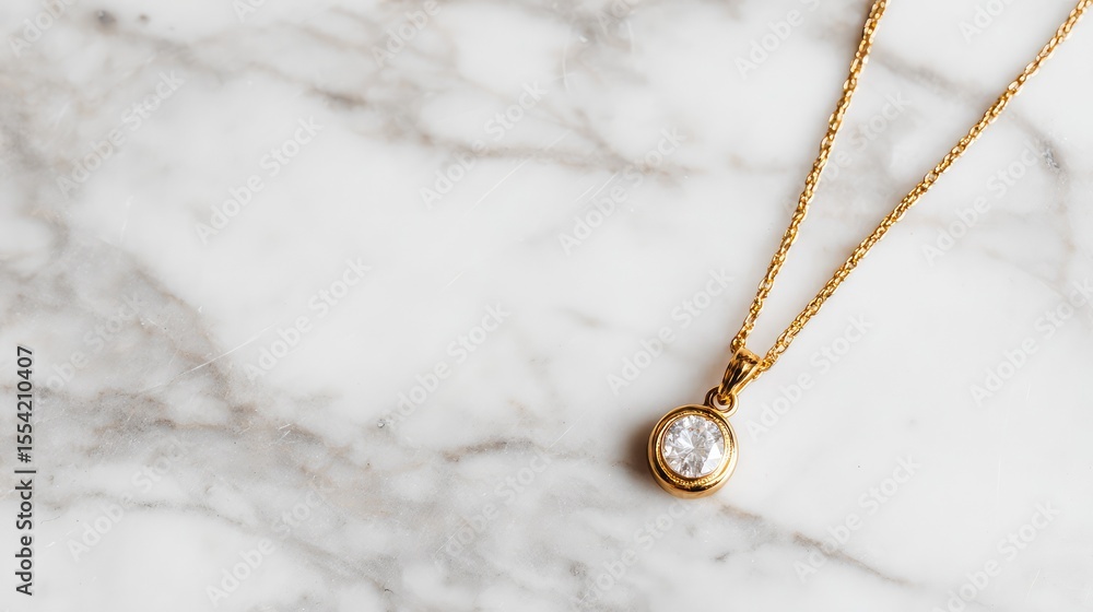 Fototapeta premium Gold chain with small diamond pendant on a clean white marble surface