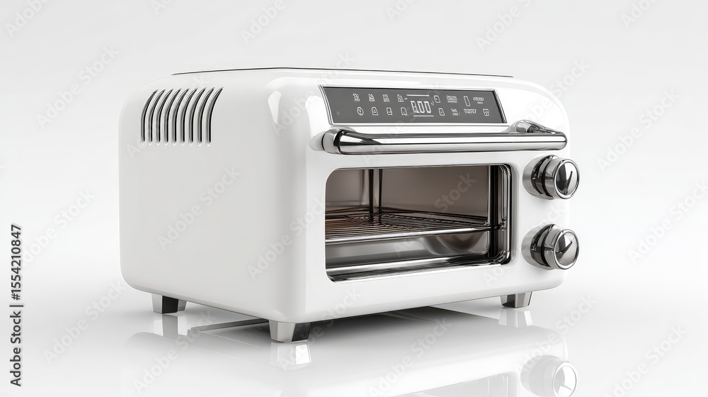 Fototapeta premium Modern electric toaster oven with digital control panel on pure white backdrop