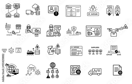 Supply chain cyber attack icon collection with alert symbols and technology elements
