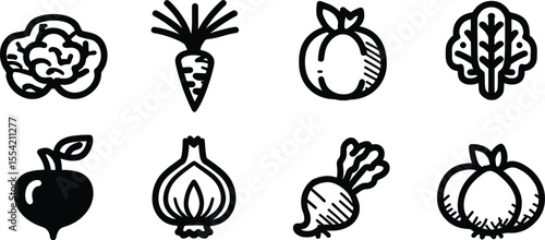 Monochrome Vegetable and Fruit Illustration Set – Black and White Icons of Cauliflower, Carrot, Pomegranate, Lettuce, and More for Culinary Graphics, Garden Labels, and Educational Designs
