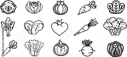 Monochrome Vegetable Icon Set – 16 Black and White Illustrations of Cabbage, Carrot, Onion, Tomato, and Leafy Greens for Culinary Graphics, Gardening Guides, and Educational Designs
