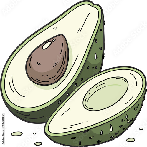 Whimsical Hand Drawn Avocado Halves Featuring a Large Seed and Textured Skin Creating a Playful Food Illustration