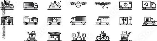 Monochrome Delivery and Transport Icon Set – 18 Black and White Logistics Symbols Including Trucks, Drones, Bikes, and Warehouses for Shipping, E-commerce, and Courier Design Projects
