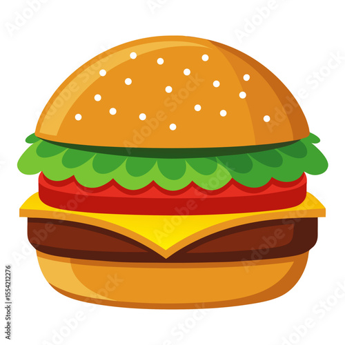 Cartoon Style Hamburger Illustration with Lettuce Tomato Cheese and Patty on a Bun with Sesame Seeds Isolated on White Background Perfect for Food Related Designs