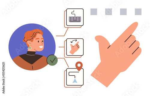 Person using gesture-based interface for task execution. Keyboard, selection, and navigation icons shown. Ideal for technology, accessibility, control, UX, task management design simple flat