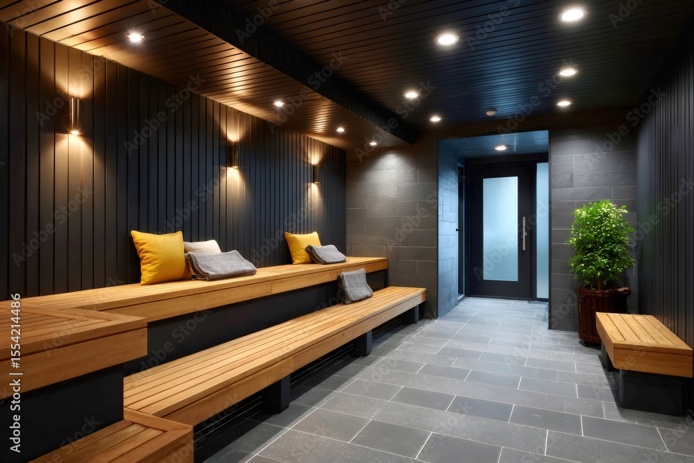 Fototapeta premium Modern spa relaxation area with wooden benches and dark gray tiled floor