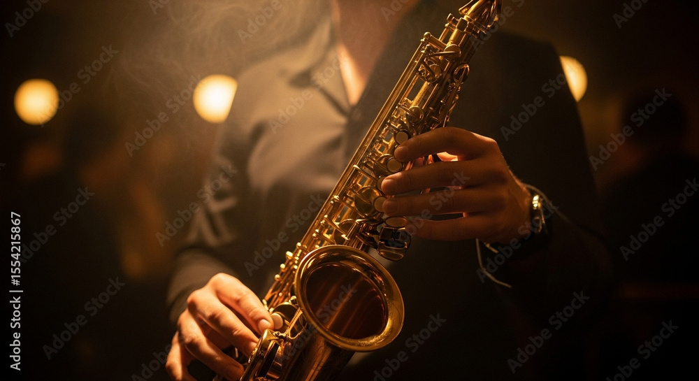 Fototapeta premium Close-up of Hands Playing Saxophone. A close-up shot focusing on a musician's hands and fingers as they play a golden saxophone in a dimly lit, atmospheric setting.