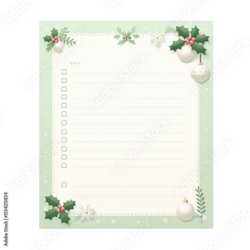 A mint green notepad decorated with Christmas ornaments and holly.